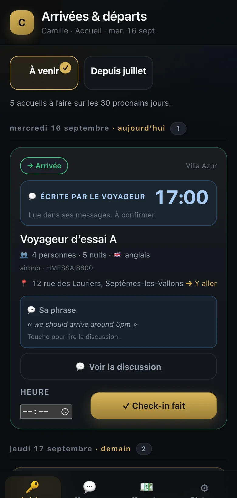 Arrivées et départs de l'accueil, en données fictives