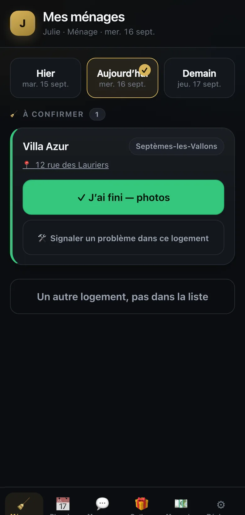 Journée du ménage, en données fictives