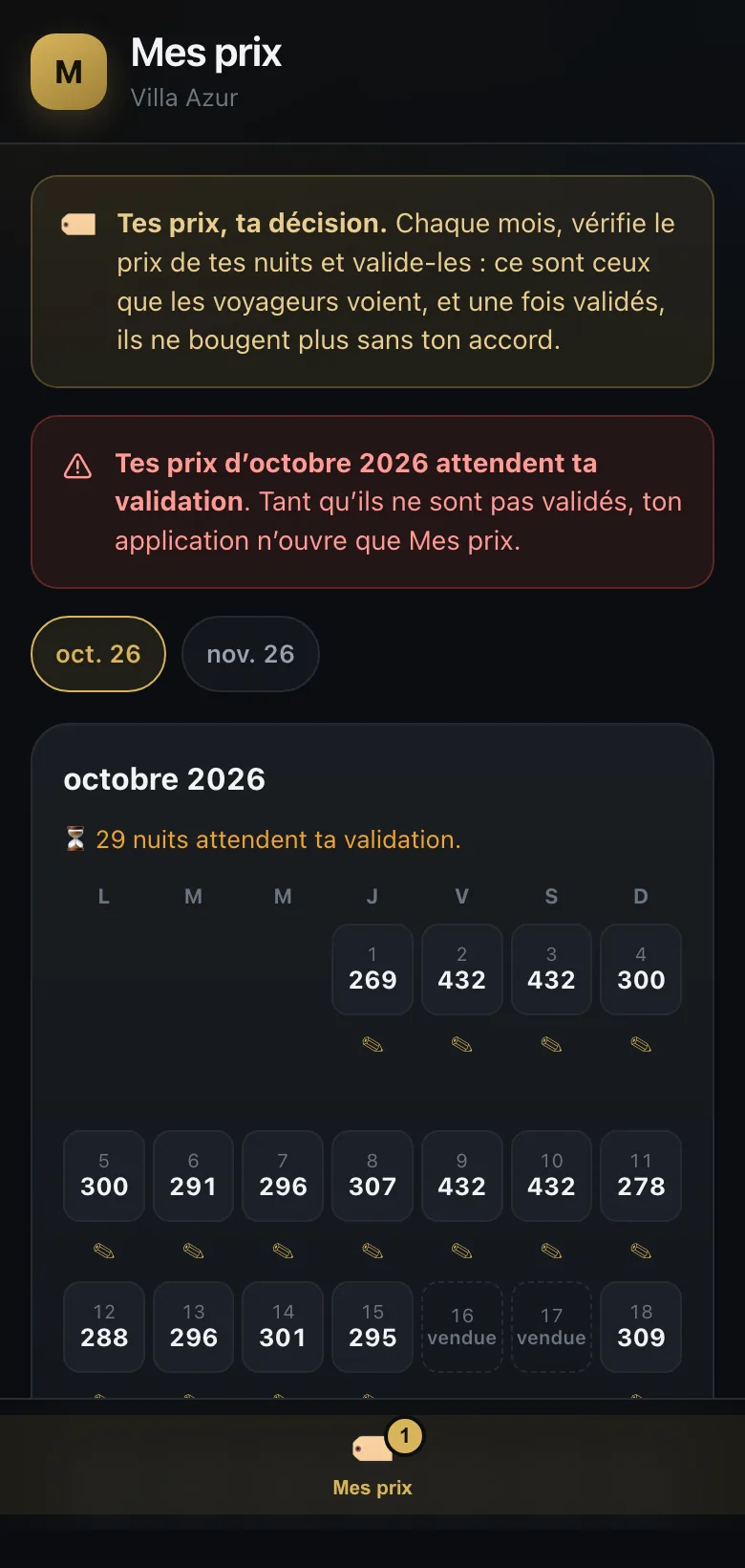 Grille des prix du mois, nuit par nuit, en données fictives