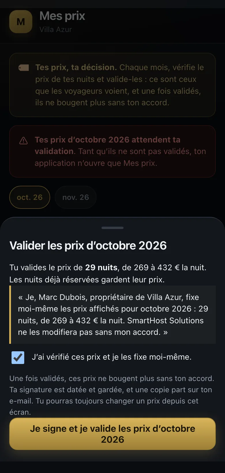 Signature des prix par le propriétaire, en données fictives
