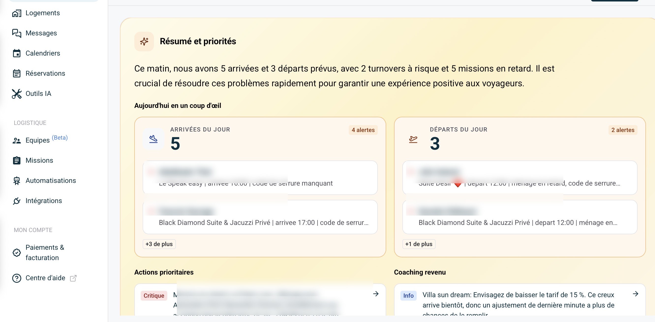 Dashboard notre PMS : résumé IA des priorités, arrivées, départs, actions critiques