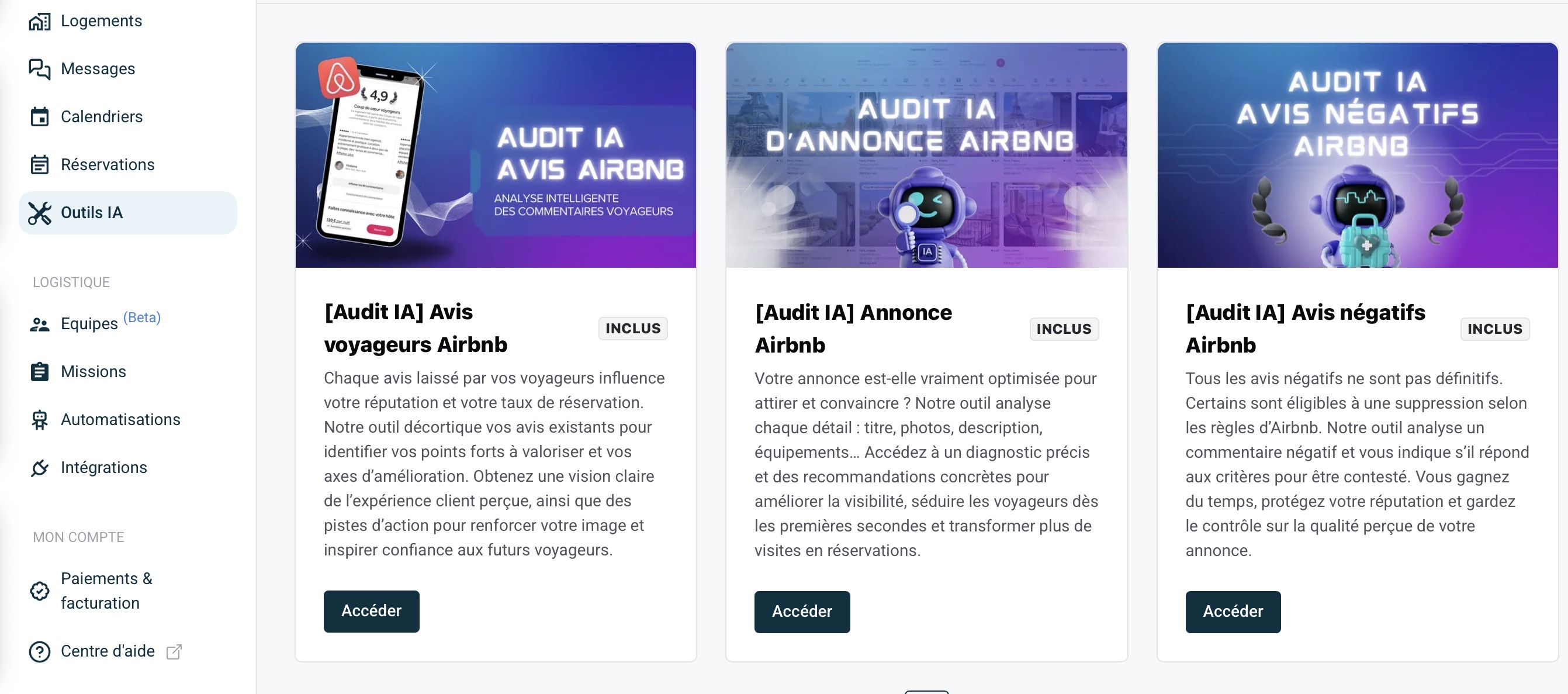 Outils IA notre PMS : Audit IA Avis voyageurs Airbnb, Audit IA Annonce Airbnb, Audit IA Avis négatifs Airbnb